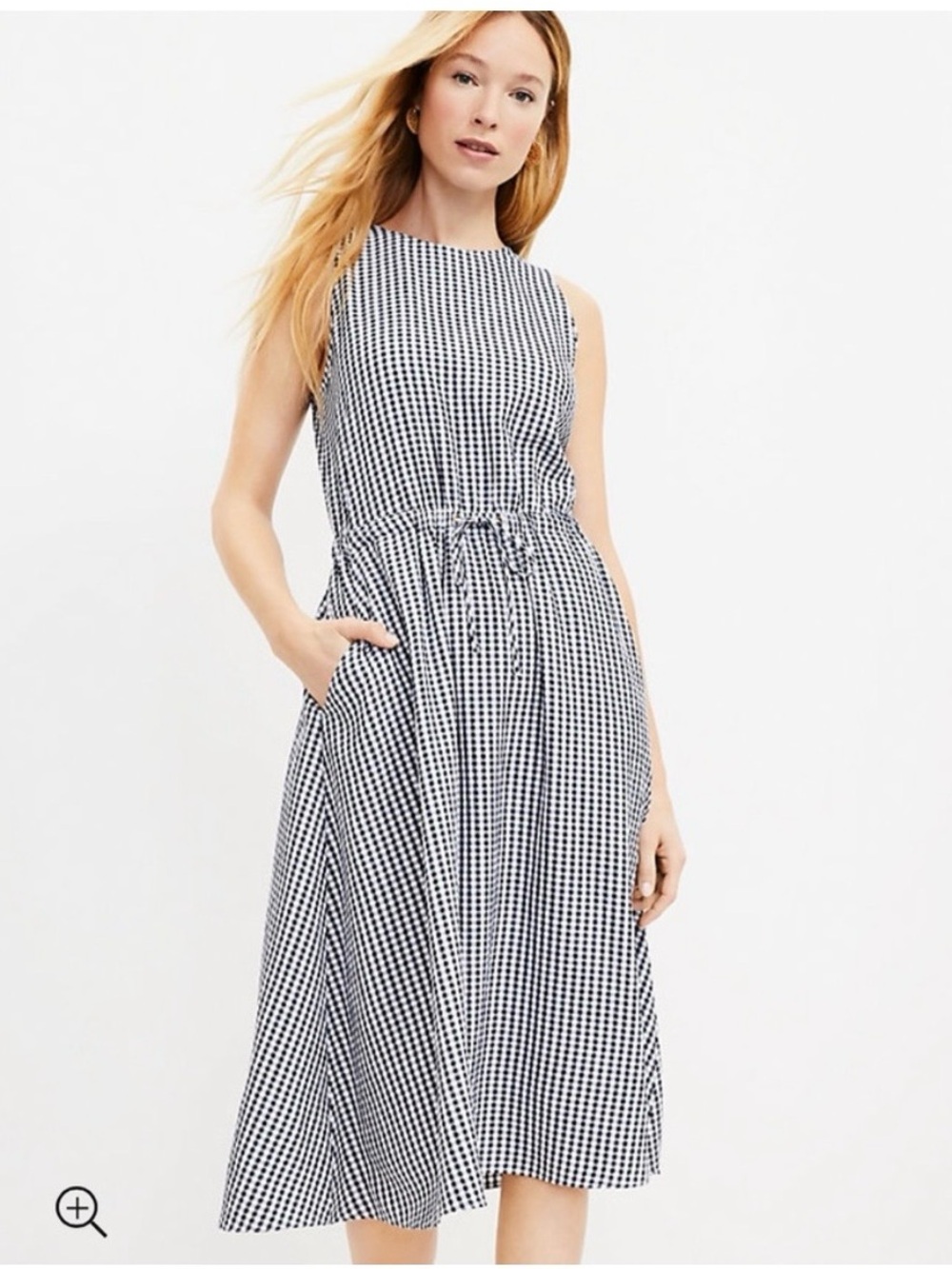 LOFT Black & White Gingham Drawstring Midi Dress (Sleeveless)